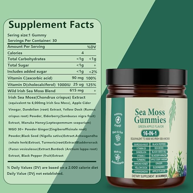 Sea Moss Gummies 16-in-1 with Black Seed Oil Ashwagandha 30 Servings Irish Seamoss Gummies Boosts Immune Support Wellness and Digestion
