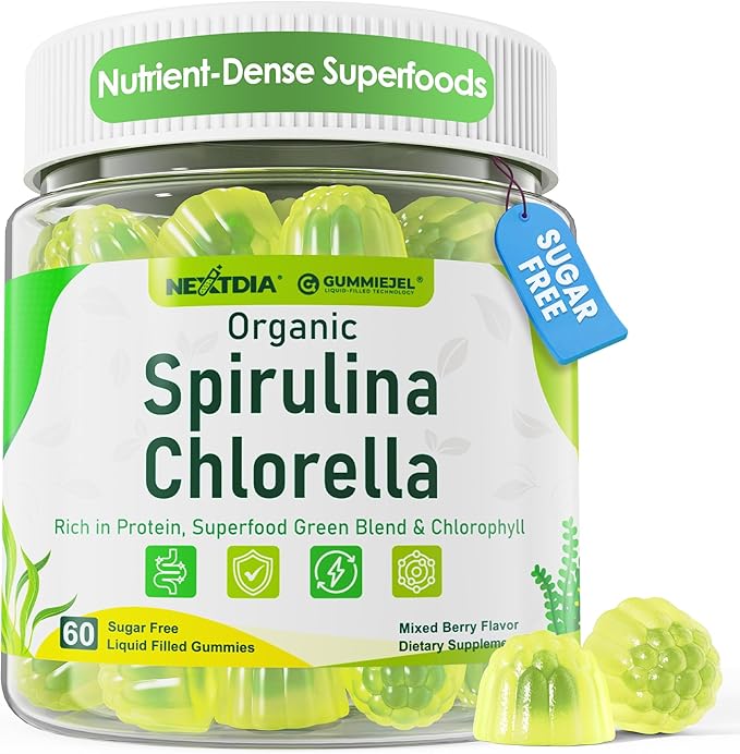 Organic Spirulina + Chlorella Gummies High in Vegan Protein Chlorophyll Nutrient Dense Green-Blue Algae +Super Greens Vitamin C D3 Zinc B12 for Daily Energy Cleanse Antioxidant Immune 60Cts