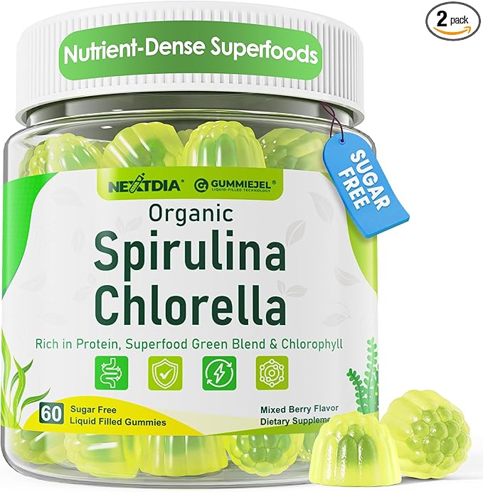 (2 Pack) Organic Spirulina + Chlorella Gummies High in Vegan Protein Chlorophyll Nutrient Dense Green-Blue Algae + Super Greens C &amp D3Zinc B12 for Daily Energy Cleanse Antioxidant and Immu