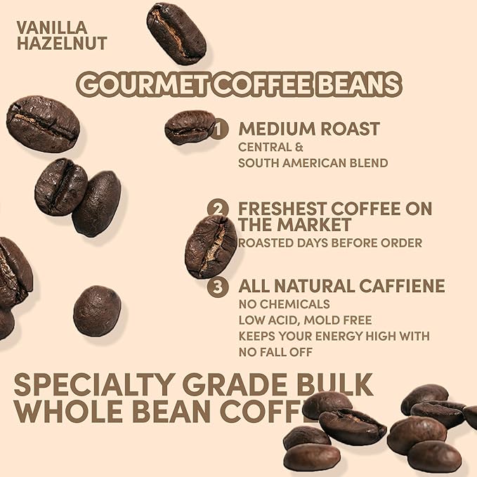 Sarasota Coffee Whole Bean Vanilla Hazelnut | Medium Roast Gourmet Flavored Coffee Beans | Low Acid Mold Free Specialty Grade Bulk Beans | 5lb (80 oz)