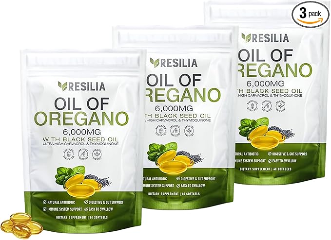 Softgels with Black Seed Oil 6000mg – Organic Oregano Oil Capsules for Immune &amp Digestive Support – Non-GMO Gluten-Free Softgels – 180 Count (Pack of 3)