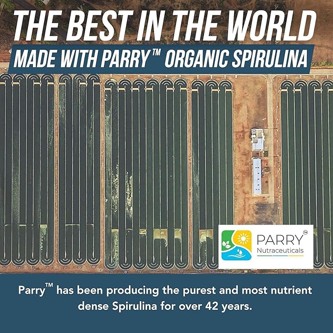 Organic Spirulina Tablets (360 Tablets) - Made with Parry® Spirulina The Best Spirulina in the World Highest Nutrient Density - Non-Irradiated 3 Organic Certifications (90 Servings)