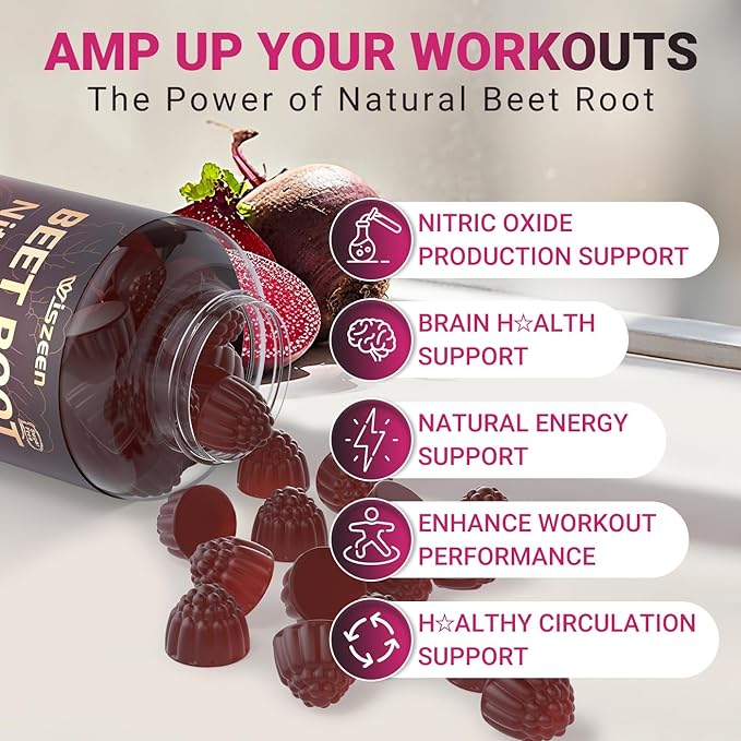 Beet Root Gummies Nitric Oxide Supplements for Men &amp Women with COQ10 Turmeric Extract Vitamin C &amp B12 Vegan Non-GMO Sugar Free 120 Cts