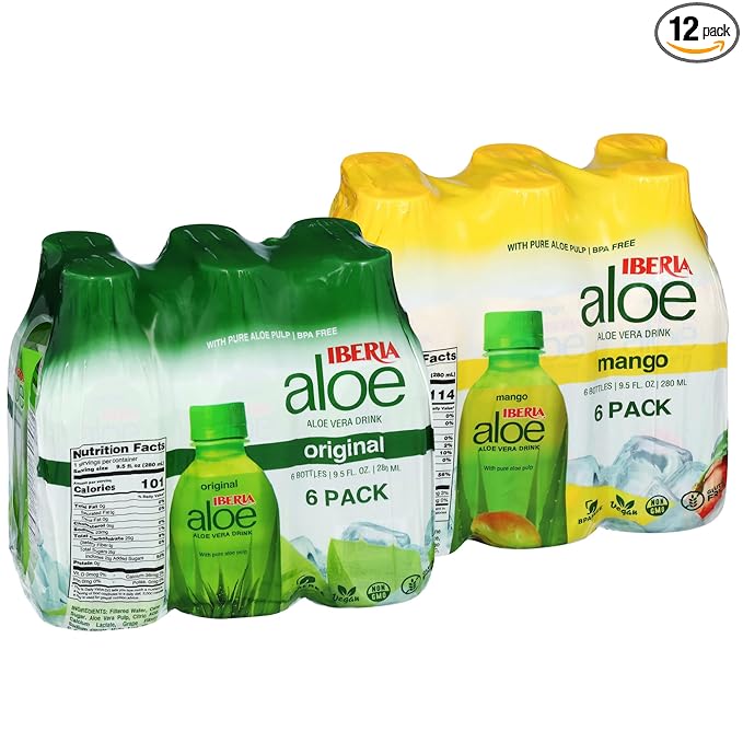 Iberia Aloe Vera Drink with Pulp 9.5 fl oz Original (Pack of 6) + Mango (Pack of 6)