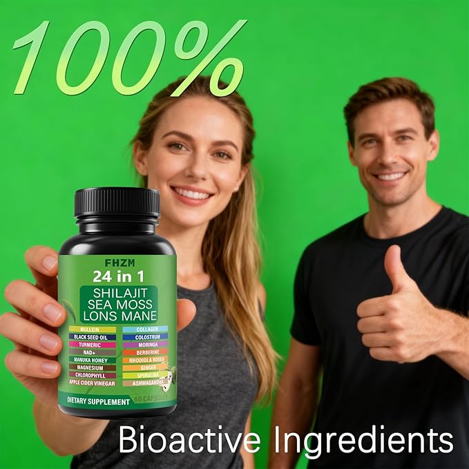 Soursop Capsules with 24-in-1 Herbal Blend - Includes Graviola Shilajit Sea Moss Lions Mane Turmeric Ashwagandha Ginger Manuka Honey - Vegan Non-GMO Dietary Supplement - 60 Capsules (01)