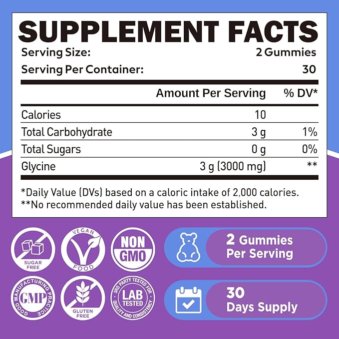 Glycine Gummies 3g(3000 mg) Glycine Supplements for Sleep Detox Relax Nerve Support Blueberry Flavor Sugar-Free Vegan Non-GMO Gluten-Free 120 Ct.