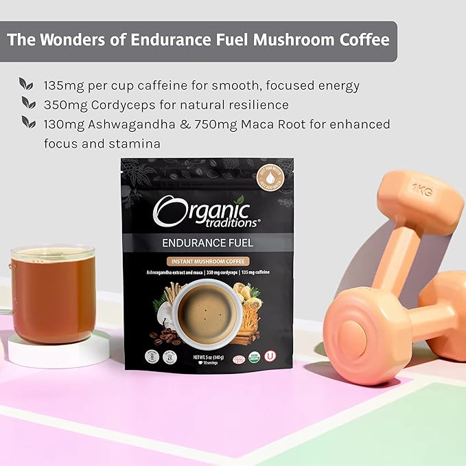 Organic Traditions Endurance Fuel Mushroom Coffee Instant Coffee with Cordyceps Ashwagandha and Maca Rich Mocha Flavor Plant Based Superfood Coffee Alternative 10 Servings 280g / 10oz