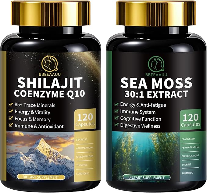 Shilajit for Men Sea Moss and Shilajit Bundle All in 1 Supplements with Coenzyme Q10 Black Seed Ashwagandha Taurine Burdock for Energy Endurance Antioxidant &amp Immune Support 240 Capsules