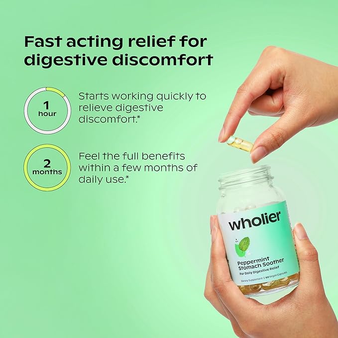 wholier Peppermint Oil Ginger Root Oil for Bloating Relief Nausea Relief Upset Stomach Relief + Gut Health. Daily Herbal Supplement. Peppermint Stomach Soother. (60 Vegan Capsules) Glass Bottle