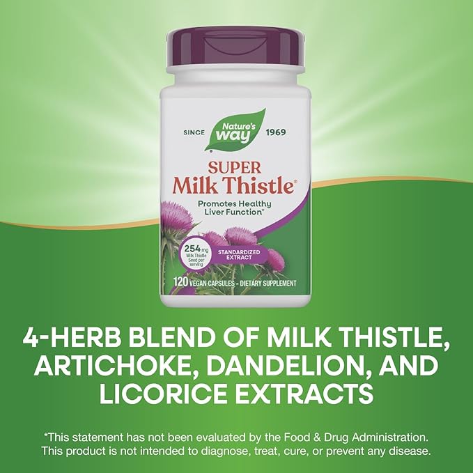 Nature's Way Super Milk Thistle Promotes Healthy Liver Function* With Artichoke Leaf Dandelion Root &amp Licorice Root Extracts Milk Thistle Extract Gluten Free 120 Capsules (Packaging May Vary
