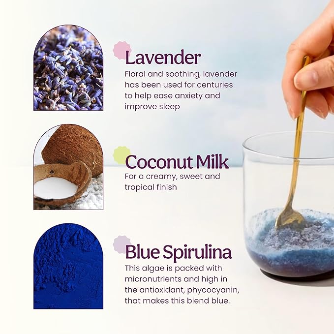 Blume Superfoods Latte - Blue Lavender Powder with Blue Spirulina and Coconut Milk Caffeine Free Low-Sugar Organic Keto Friendly Vegan supports sleep and calmness Lavender Latte- 25 Servings