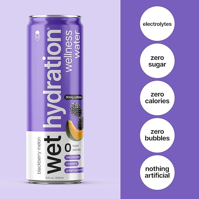 Wet Hydration | Functional Wellness Water Non-Carbonated - Blackberry Melon (12 Ounce Cans Pack of 12) - Flavored Water Hydration Drink No Sugar No Artificial Ingredients Zero Calories (Packagin