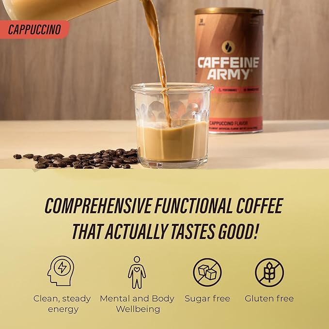 CAFFEINE ARMY Cappuccino | Functional Coffee with Collagen Peptides MCTs CoQ10 and Adaptogens: Clean Energy Supports Daily Attention No Jitters or Crash (7.8 oz 22 Servings)