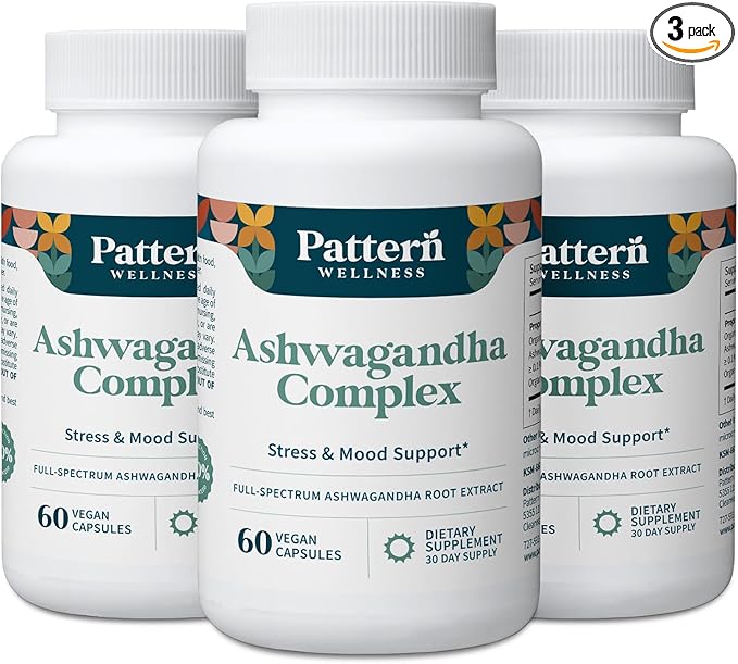 Pattern Wellness Ashwagandha Complex for Men &amp Women – Organic KSM-66® &amp Black Pepper Extract – Supports Stress Response &amp Energy Balance – Non-GMO – 180 Vegan Capsules