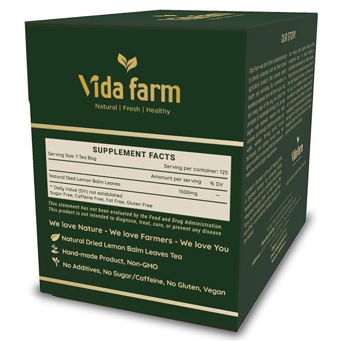 VIDA FARM Lemon Balm Tea Bags 125 Herbal Tea Bags 100% Natural Dried Lemon Balm Herbal Leaves Tea Bag Caffeine Free Sugar Free Citrus Flavor