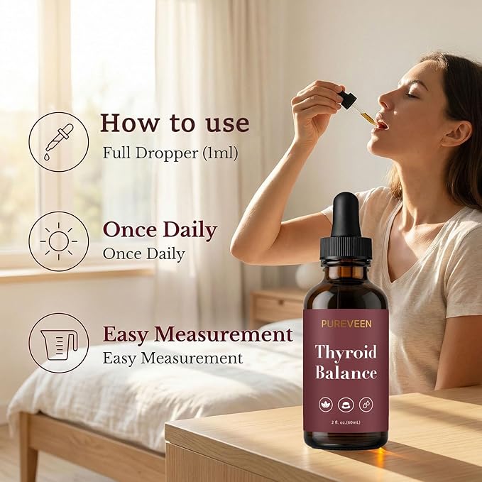 Pureveen Thyroid Balance Thyroid Support Drops for Women Liquid Supplement with Milk Thistle Selenium Zinc Magnesium Daily Wellness &amp Energy Support 60ML