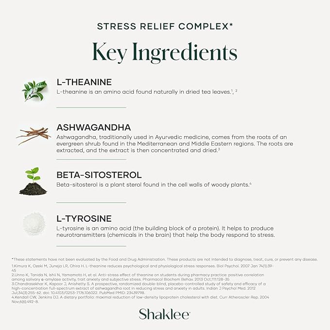 Shaklee - Stress Relief Complex - Calming Blend of L-theanine Ashwagandha Beta-sitosterol and L-tyrosine - Promotes Relaxation without Drowsiness - 1 Caplet Daily - Adults Supplement - 30 Caplets
