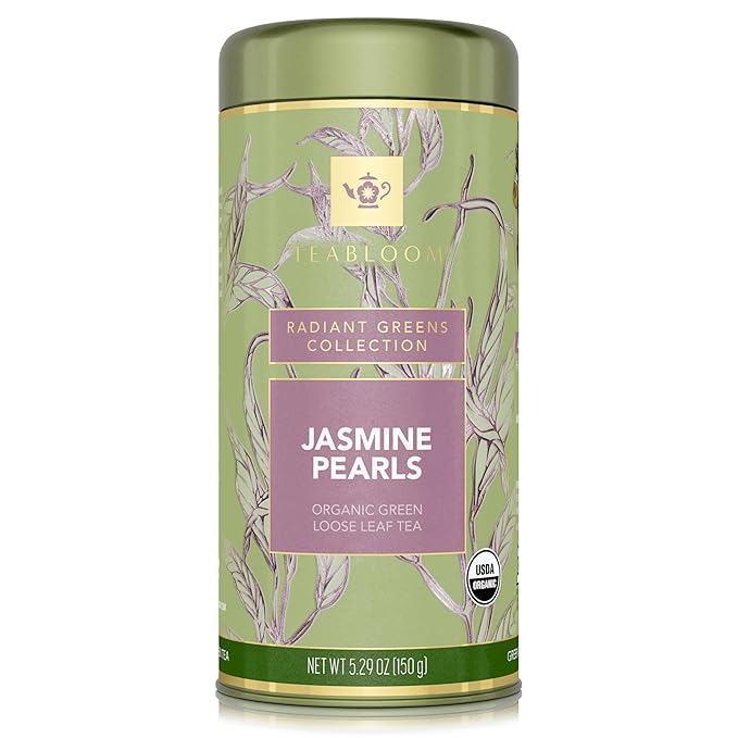 Teabloom Organic Green Tea Jasmine Pearls Loose Leaf Tea Captivating and Aromatic Jasmine Tea USDA Certified Organic and Kosher 5.29 oz/150 g Canister Makes 90-120 Cups