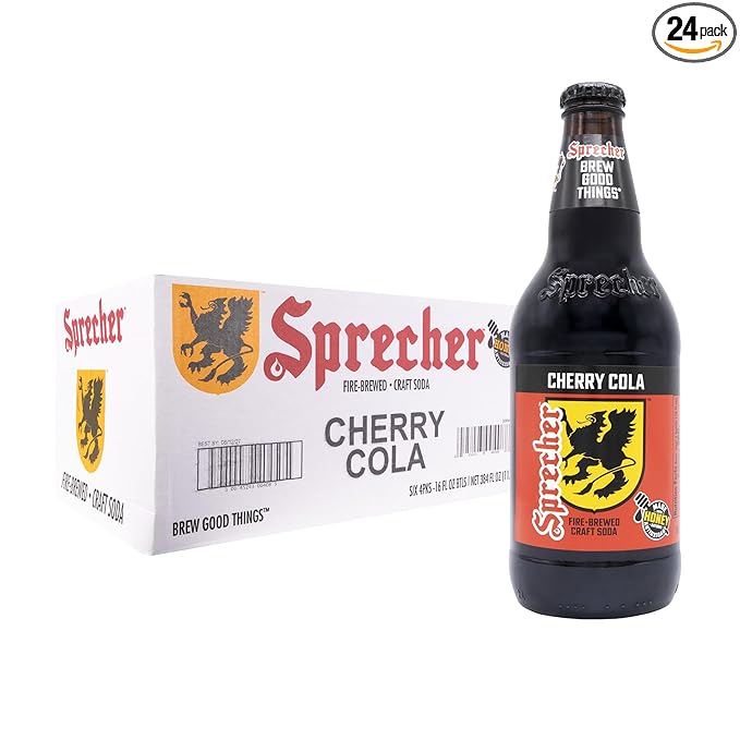 Sprecher Cherry Cola in 16 fl oz Glass Bottles (24 Pack) Fire Brewed Craft Cherry Cola Soda with Real Honey Naturally Flavored Gourmet Soft Drink