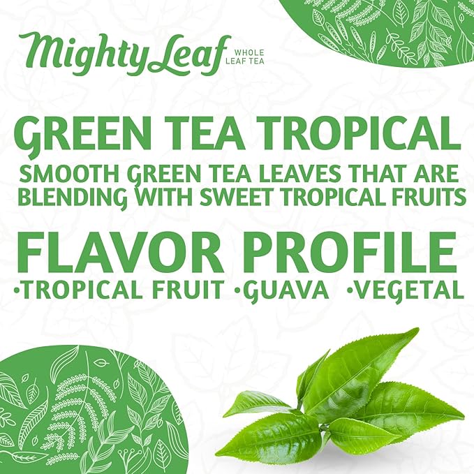 Mighty Leaf Green Tea Tropical – 100 Count Whole Leaf Green Tea Bags – Pyramid Sachets with Pineapple Tropical Fruit &amp Floral Flavors – Antioxidant-Rich Lightly Caffeinated