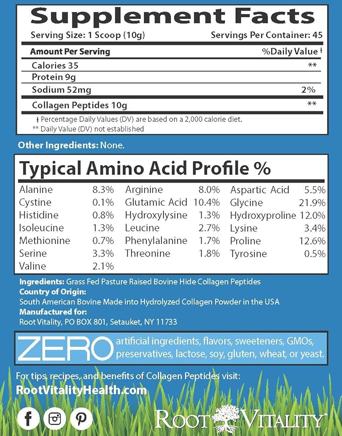 Root Vitality Collagen Peptides Powder - Grass-Fed Pasture-Raised Hydrolyzed Protein Supplement for Skin Hair &amp Nails - Non-GMO Zero Sugar Daily Supplement for Men &amp Women (45 Servings)