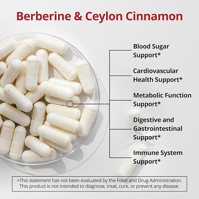 30-Day Supply Berberine with Ceylon Cinnamon 500mg Berberine Supplement for Blood Sugar Support Metabolism* Gluten-Free Non-GMO &amp Vegan 60 Capsules