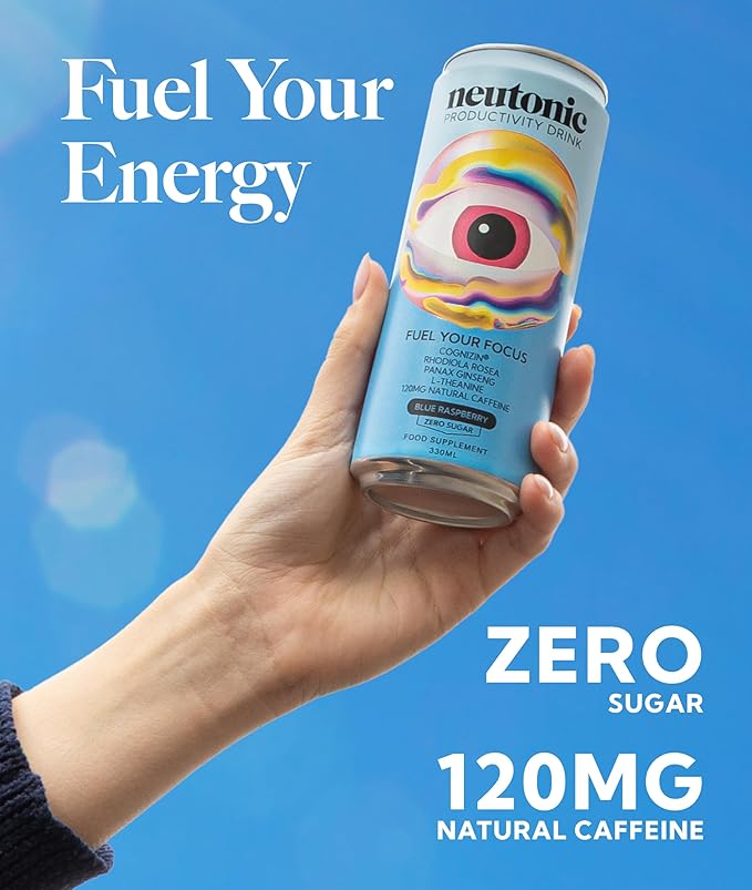Neutonic Nootropic Productivity Energy Drink | Blue Raspberry 12 Cans | 120mg Natural Caffeine Zero Sugar | Support Memory Mental Clarity Cognitive Function | Boost Focus Energy Brain Health