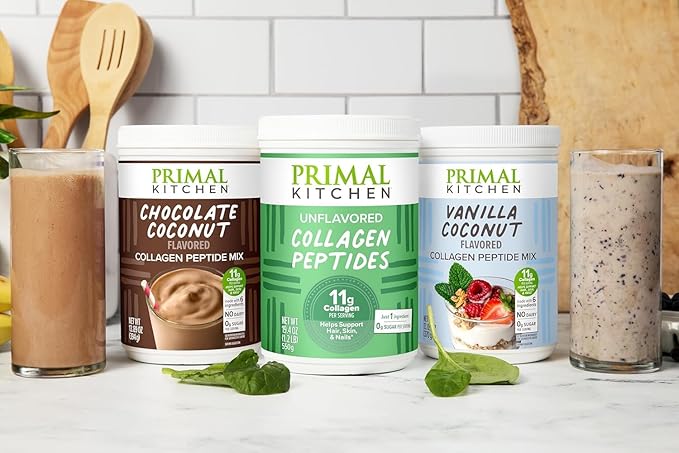 Primal Kitchen Collagen Powder Variety Pack – Vanilla Coconut 14.4 oz Chocolate Coconut 15 oz– Paleo Friendly Keto Certified Collagen Peptides