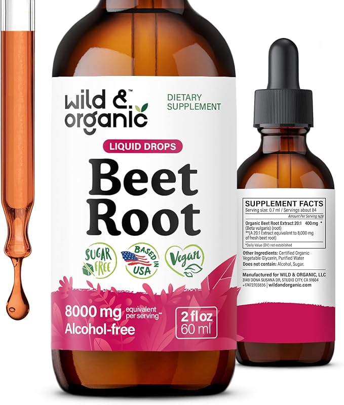 Wild &amp Organic Beet Root Tincture - 8000 mg Fresh Beetroot Extract Equivalent - Liquid Beet Root Supplements for Men &amp Women - 400 mg per Serving - Vegan Alcohol &amp Sugar-Free - 2 fl oz