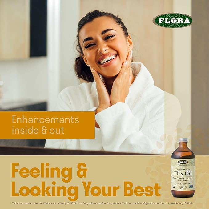 Flora - Flax Oil - Cold-Pressed Unrefined Organic Flax Seed Oil - Contains Omega-3 &amp Omega-6 - Non-GMO &amp Gluten-Free - Keep Chilled - 32 fl. oz. Amber Glass Bottle