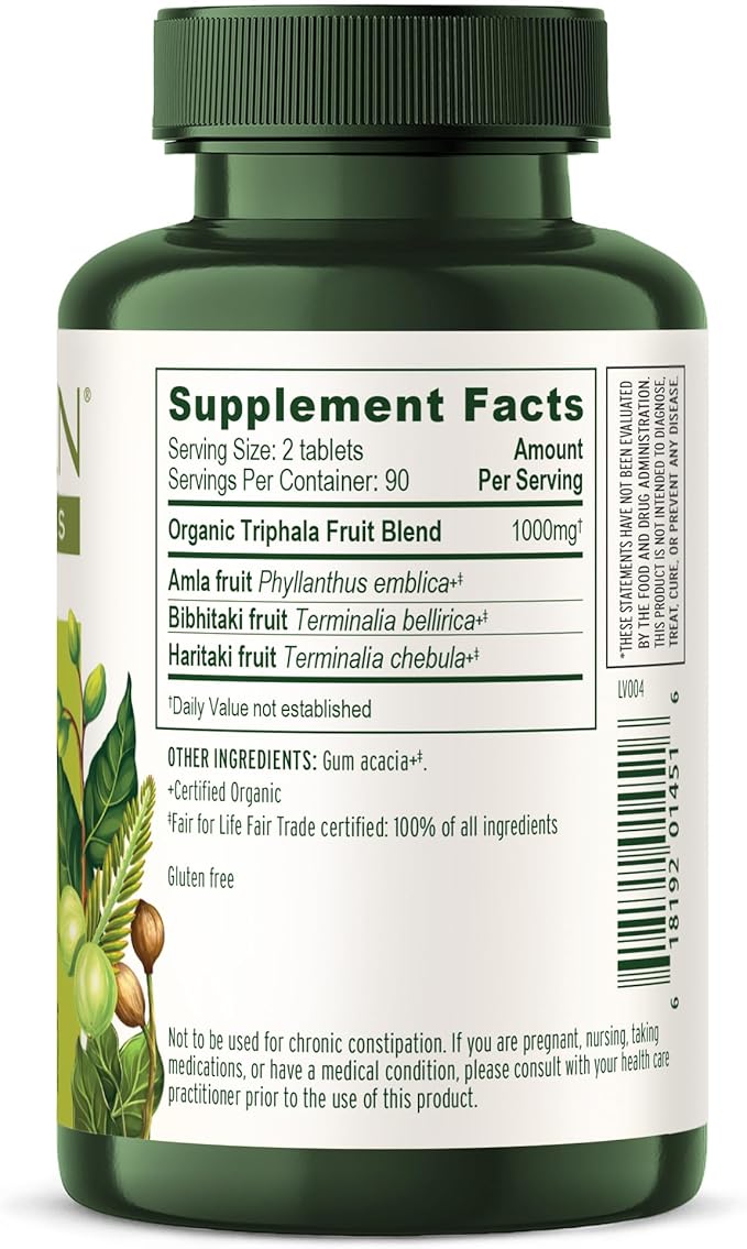 Banyan Botanicals Organic Triphala Tablets - Gentle Daily Digestion &amp Colon Cleanse Support - Amla Haritaki Bibhitaki - Healthy Elimination Detox &amp Gut Microbiome - 180 Tablets - Non-GMO V