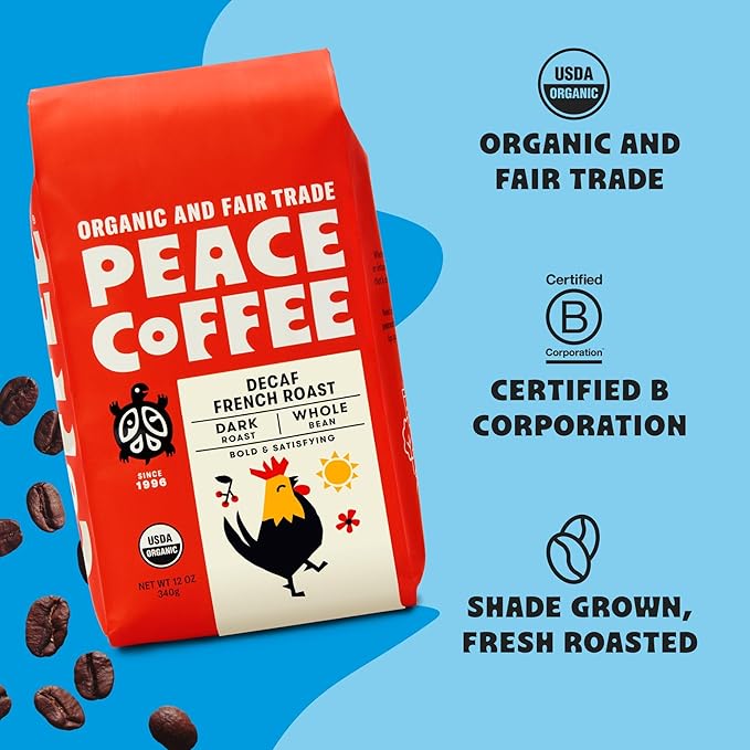 Peace Coffee Decaf French Roast | 20 oz Whole Bean Dark Roast | Organic Fair Trade | Rich Bold Flavor | Shade Grown Fresh Roasted