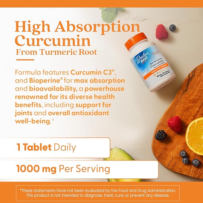 Doctor's Best Curcumin From Turmeric Root with C3 Complex &amp BioPerine Benefit the Joints by Helping to Neutralize Free Radicals Non-GMO Gluten Free Soy Free Joint Support 1000 mg 120 Tablet