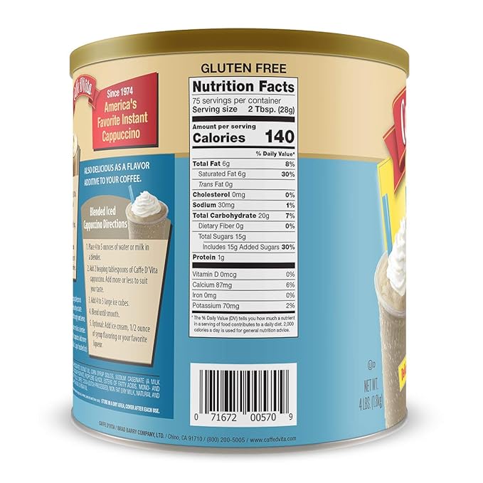 Caffe D'Vita French Vanilla Cappuccino Mix - Instant Vanilla Cappuccino Coffee Mix Gluten Free No Cholesterol 99% Caffeine Free - 4 lb. Can