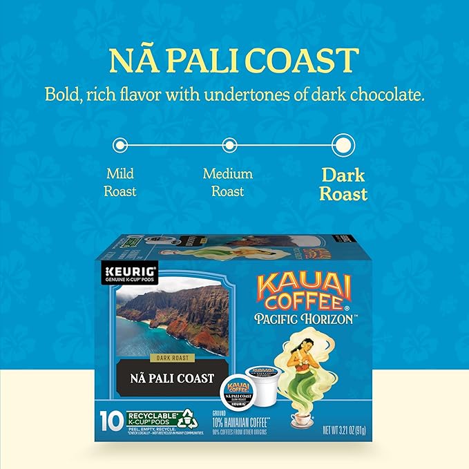 Kauai Coffee K-Cup Pods for Keurig Brewers – Arabica Coffee 10% Hawaiian – Dark Roast Nutty with Sweet Chocolate Overtones – Na Pali Coast 1 Pack of 10 Single Serve K-Cups