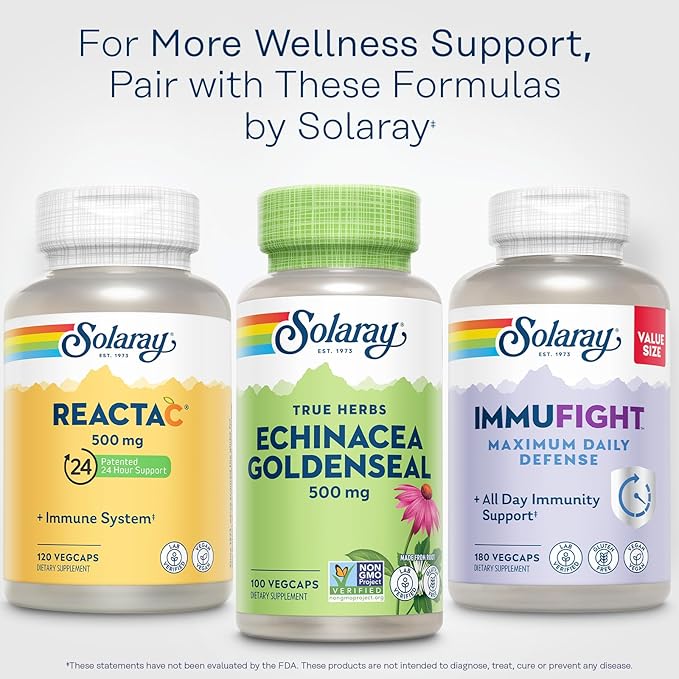 SOLARAY Echinacea Root &amp Goldenseal Root Supplement - 500 mg per Serving Non-GMO Vegan &amp Lab Verified - 100 Count VegCaps