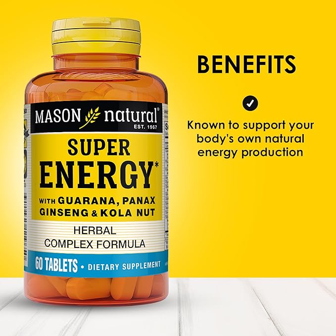 MASON NATURAL Super Energy Made with Guarana Panax Ginseng &amp Kola Nut for Optimal Performance &amp Energy 90 Day Supply 60 Tablets (Pack of 3)