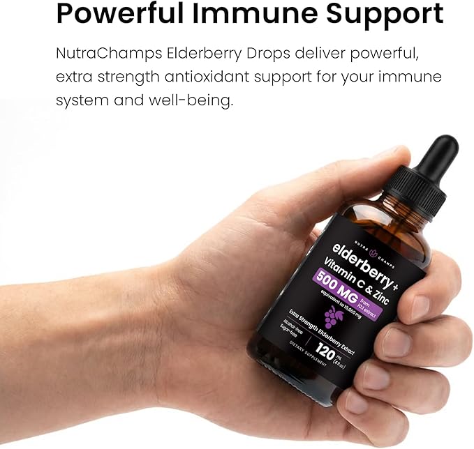 NutraChamps Organic Elderberry Syrup - 5000mg Elderberry Extract with Vitamin C &amp Zinc - Black Elderberry Liquid Drops - Sugar-Free Immunity Booster Vegan Gluten-Free