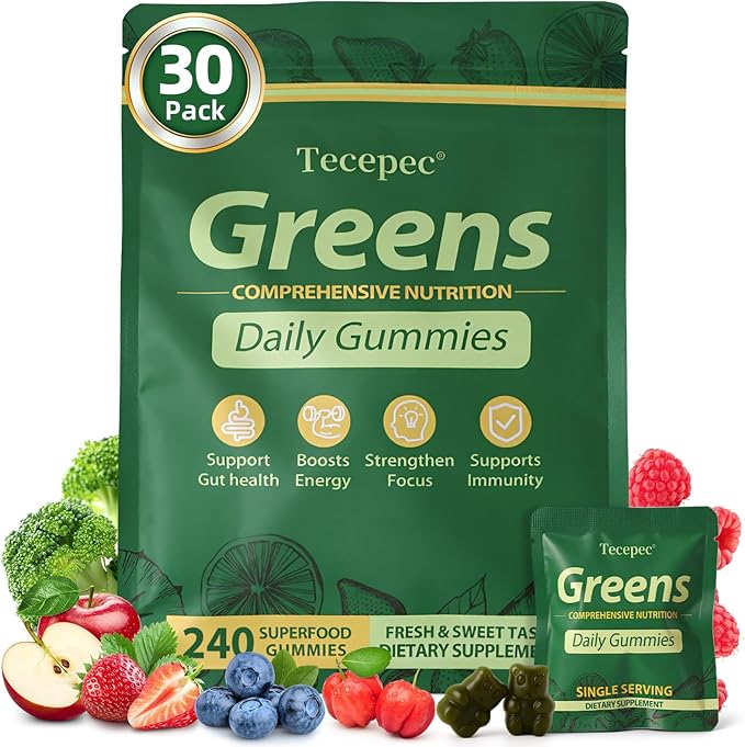 Greens Daily Gummies Superfood Fruits and Veggies Blend with Spirulina Chlorella Prebiotics &amp Fiber Adaptogens Multivitamin Supplement for Women &amp Men Digestive Health Non-GMO 240 Count