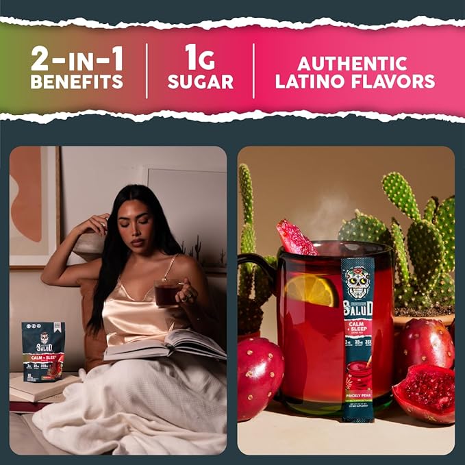 Salud 2-in-1 Sleep Aid + Calm Drink Mix Prickly Pear Flavor Melatonin Magnesium Saffron Extract L-Theanine Non-GMO Gluten Free Vegan Low Calorie 1g of Sugar (15 Servings)