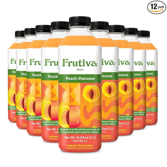 Frutiva Authentic Peach Drink Mix | Made in Mexico with Cane Sugar | Aguas Frescas Concentrate Makes 2.6 Gallons Per Bottle | No High Fructose Corn Syrup | Perfect for Drinks Desserts &amp More | 12
