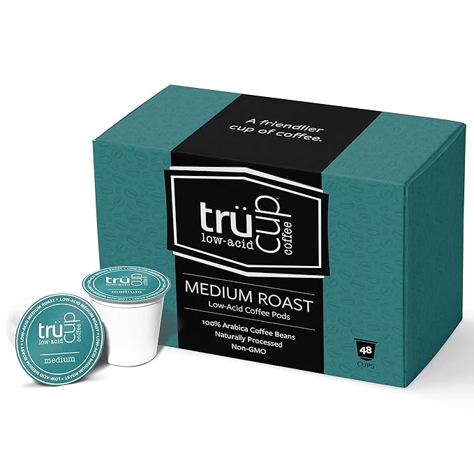trücup Low Acid Coffee Pods | Medium Roast | 48 Count Recyclable K-Cups Compatible with most brewers | Smooth Stomach-Friendly Coffee