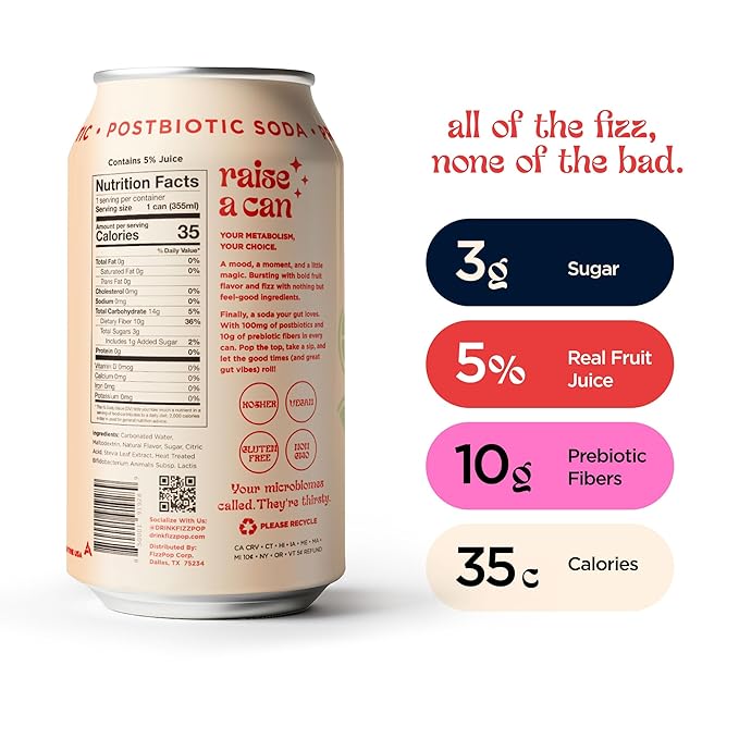 Fizz Pop Metabolic Sparkling Postbiotic and Prebiotic Soda Pop Gut Health Seltzer Water Fiber Drink Metabolism Booster Cherry Lime Flavor 12 oz Cans (Pack of 12)
