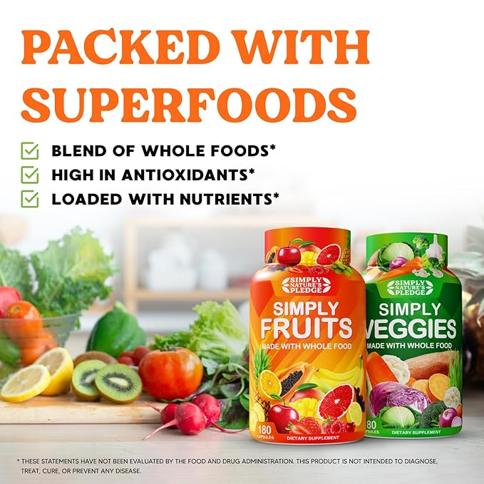 Simply Nature's Pledge -Packed with 42 Different Fruits &amp Vegetables - Made with Whole Food Superfoods - with Aloe Vera – 100% Soy Free -6 Month Supply- 180 Count (Pack of 6)
