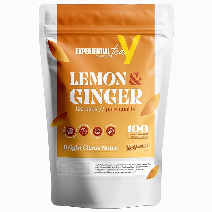 Yellow.fit Ginger Lemon Herbal Tea Bags – 1500mg Loose Leaf Tea Bags Caffeine-Free Herbal Tea with Ginger Root &amp Lemon Peel Plant-Based Tea Bags 100 Count