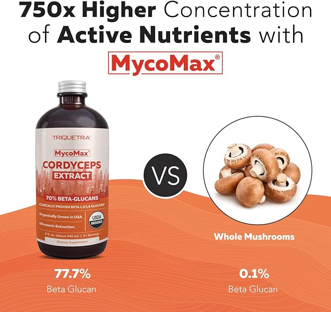Organic Cordyceps Mushroom Extract - 70% Beta Glucans - Highest Active Nutrient Levels Max Potency Cordyceps Tincuture US Grown + Ultrasonic Extraction - Performance Immunity and Energy - 8 oz.