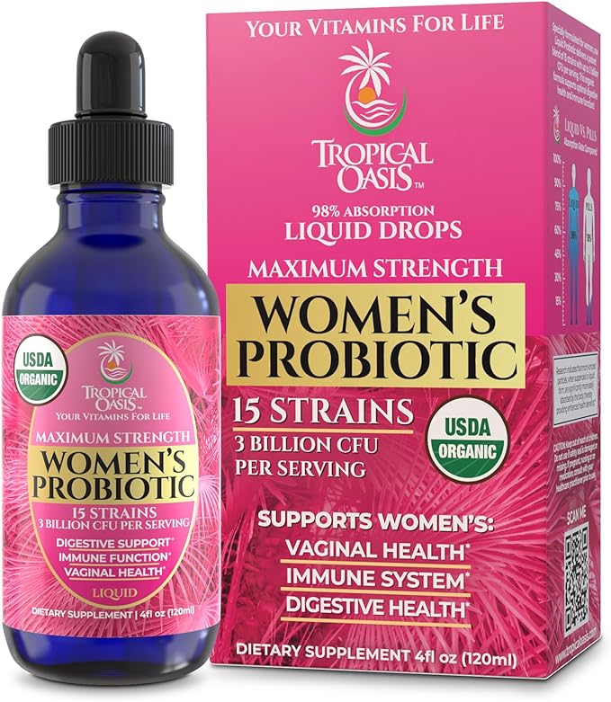 USDA Organic Liquid Probiotic for Women | PH Balance UT &amp Feminine Health | Digestive Support Immune &amp Gut Health | 15 Clinically Studied Strains | 98% Absorption | Vegan Non-GMO | 40 Serv