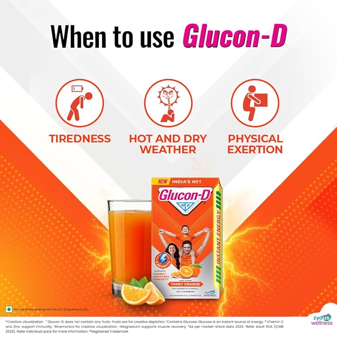 Glucon-D Instant Energy Health Drink Tangy Orange - 1kg Refill with free bottle