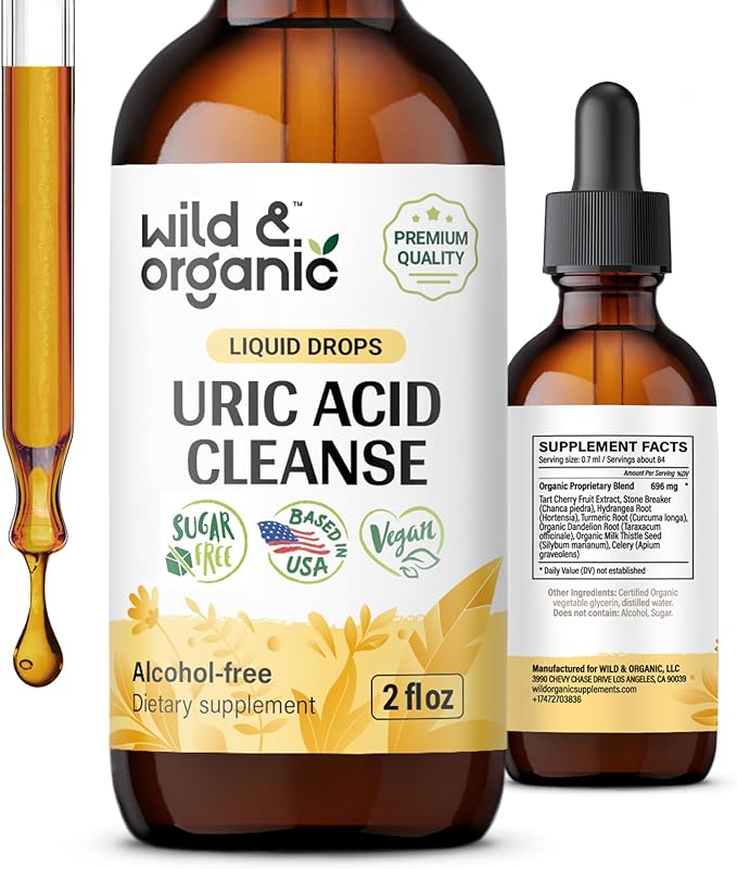 Wild &amp Organic Uric Acid Cleanse Drops - Tart Cherry Turmeric Chanca Piedra Stone Breaker Complex for Kidney Cleanse - Uric Acid Support Supplement - Vegan Sugar &amp Alcohol-Free Tincture - 2