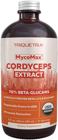 Organic Cordyceps Mushroom Extract - 70% Beta Glucans - Highest Active Nutrient Levels Max Potency Cordyceps Tincuture US Grown + Ultrasonic Extraction - Performance Immunity and Energy - 8 oz.